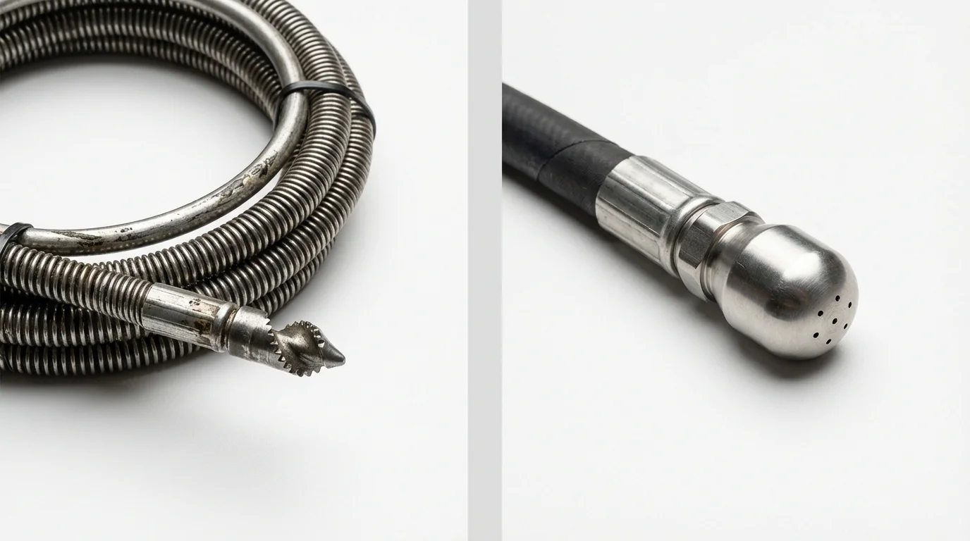 Drain snake cable and hydro jetting nozzle used for drain cleaning in Granville, WV