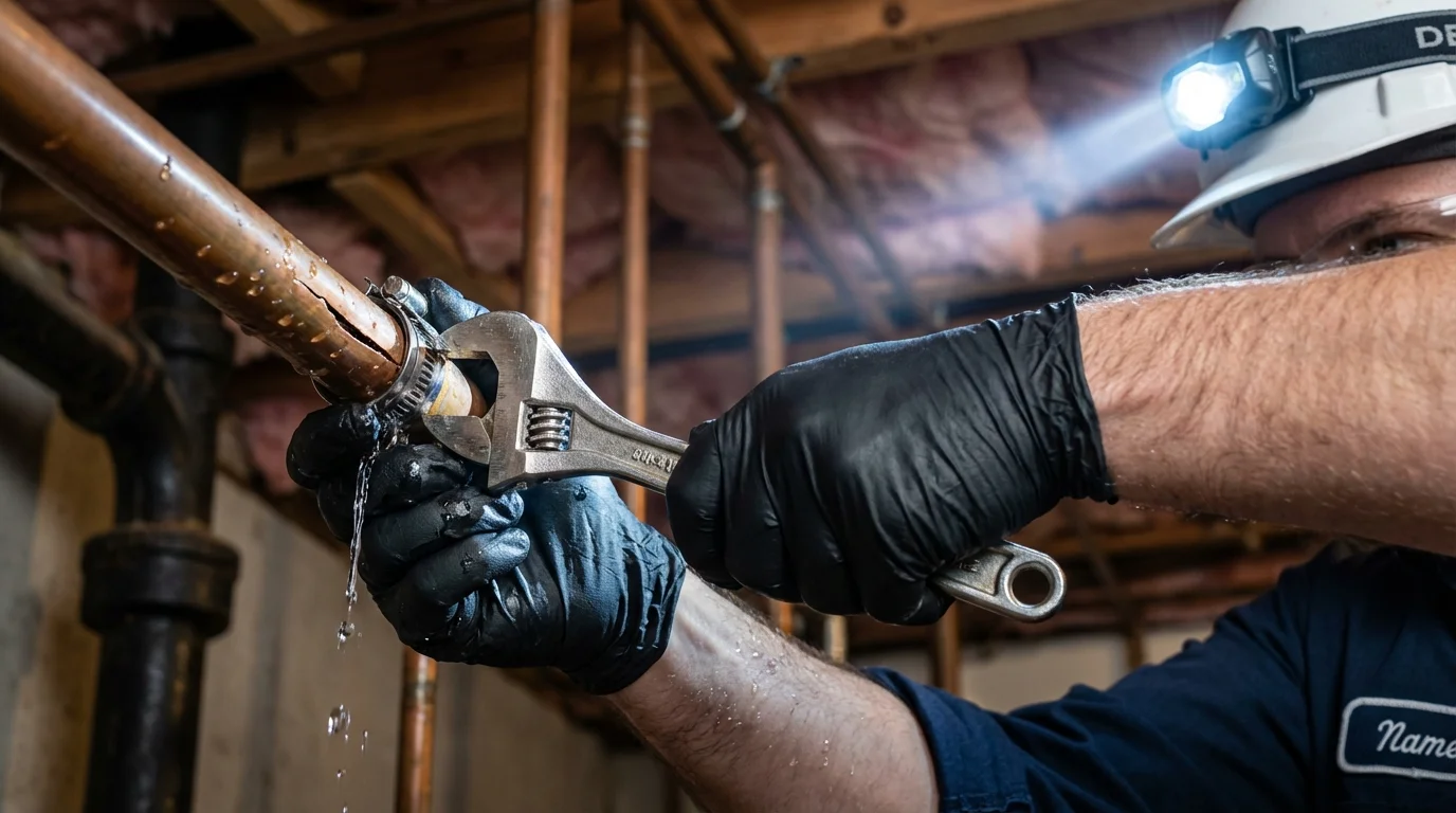 Emergency pipe clamp repair being performed by a Johns Plumbing LLC plumber in Granville