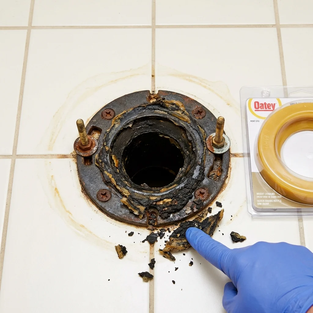 Failed wax ring showing water seepage at the base of a toilet in a Granville, WV home