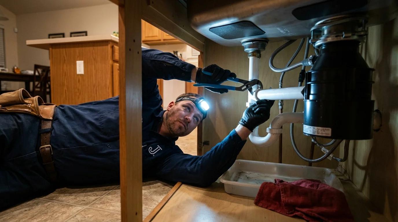 P-trap and supply line connections under a kitchen sink showing a common leak point in Granville, WV
